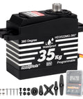 360 Degree Continuous Rotation Servo With Beefy 35Kg Torque Coreless Motor And Metal Gears shown with accessories