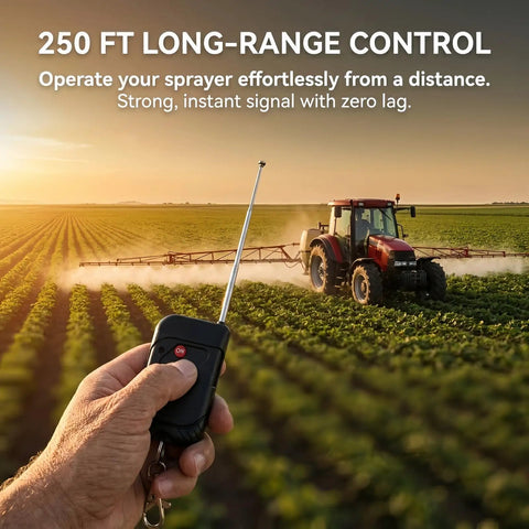 12V Wireless Remote Control Switch for Sprayers in hand, tractor in field, showing 250 ft range
