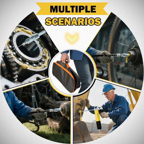 14oz Capacity Grease Gun Kit With 7000 PSI Leakproof Spray 18 Inch Spring Hose Double Handle Nozzle Coupler Teflon Tape in use