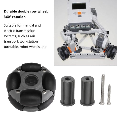 48mm omni-directional robot wheel with black rubber rollers; includes gray ribbed spacers and screws