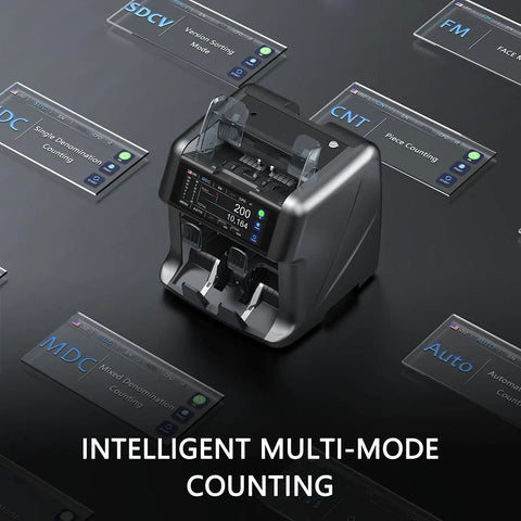 Ultra Series Mixed Denomination Money Counter With Dual Pocket And Reject Pocket 6.9 Inch Full Touchscreen in black finish
