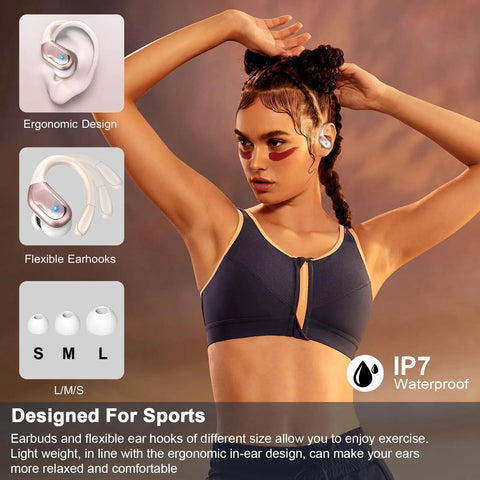 Woman wearing Beast Mode Wireless Earbuds With 75H Battery Life, Bluetooth 5.4, IP7 Waterproof, ENC Noise Canceling Mic, 3D Bass