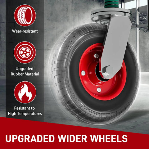 Close-up of Beefed Up 8 Inch Heavy Duty Gate Wheel Kit showing red caster and wide wheel details on concrete floor.