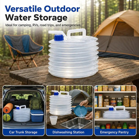 Collapsible 5 Gallon Water Jug With Spigot And Vent For Camping And Home Emergency Prep displayed at a campsite.