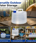 Collapsible Water Container With Spigot 5 Gallon BPA Free Portable Water Storage Jug on picnic table with camping setup
