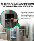 Close-up of refrigerator control panel with error, highlighting need for Replacement Refrigerator Main Control Jazz Board W10503278