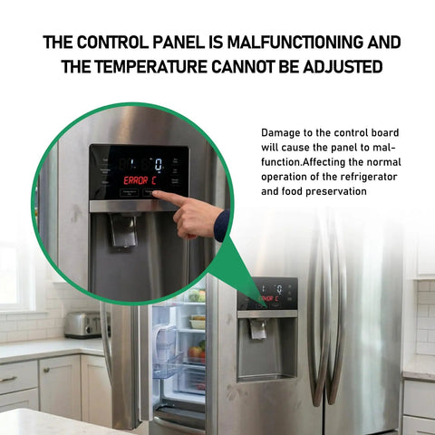 Close-up of refrigerator control panel with error, highlighting need for Replacement Refrigerator Main Control Jazz Board W10503278