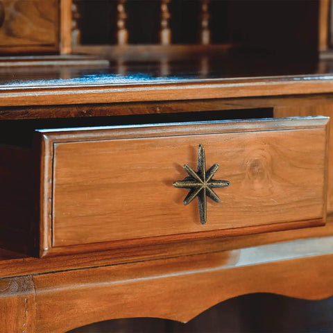 Drawer with Six Piece Antique Gold Cast Iron Drawer Pulls And Cabinet Knobs Set With Eight Pointed Star Burst Design