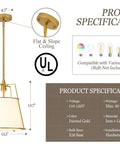 Karjearl Gold Pendant Lights Kitchen Island, 12.2" Linen Drum Chandelier with adjustable height and E26 bulb compatibility.