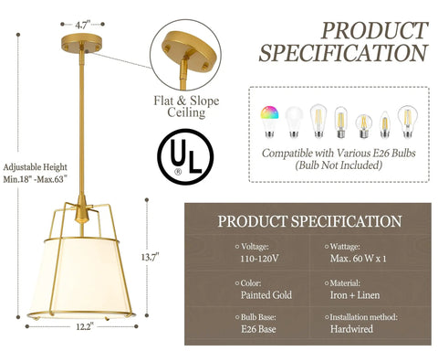 Karjearl Gold Pendant Lights Kitchen Island, 12.2" Linen Drum Chandelier with adjustable height and E26 bulb compatibility.