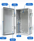 Outdoor Weatherproof Electrical Junction Box With ABS Plastic Shell Hinged Cover And Stainless Steel Latch Mounting Plate And Wall Bracket IP66 IP67 Rated For Tough Weather Cooling Fan For Heat Dissipation Gray 30x30x17cm And Clear 60x50x22cm, open ABS enclosure with mounting base