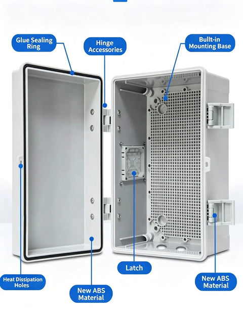 Outdoor Weatherproof Electrical Junction Box With ABS Plastic Shell Hinged Cover And Stainless Steel Latch Mounting Plate And Wall Bracket IP66 IP67 Rated For Tough Weather Cooling Fan For Heat Dissipation Gray 30x30x17cm And Clear 60x50x22cm, open ABS enclosure with mounting base