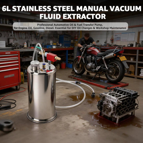 6L Pneumatic Oil Extractor Pump For Auto Maintenance, Stainless Steel Fluid Evacuator with hoses in a garage setting