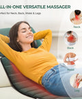 Woman using Ultimate Full Body Massage Mat With Heat And Detachable Neck Massager for deep tissue relief on neck, back, waist, and legs.