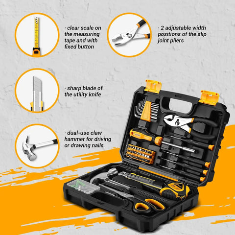 All Purpose Home Tool Kit With Plastic Toolbox Storage Case 50 Piece Essential Set For DIY Projects College Dorm Repairs Office Maintenance And Everyday Fixes Handy Durable Tools For Quick Home Upgrades, showing open yellow case with tools.