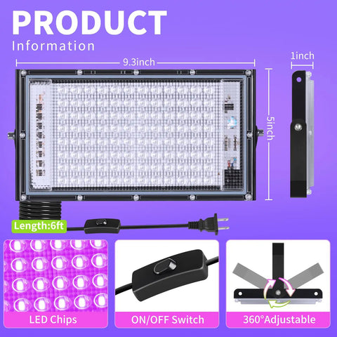 100W LED Black Light Flood Light 2 Pack Totally Lit Ultra Bright UV Glow For Halloween Parties Stage Lighting, dimensions shown
