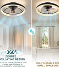 Dual view of Low Profile 360-Degree Bladeless Ceiling Fan With Light Kit in bedroom and living area, flush mount, LED light, ultra quiet.