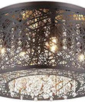 Four Light Bird Nest Flush Mount Ceiling Light In Bronze Finish, 15.7 Inch Diameter, Crystal Detailing, Modern Chic Design