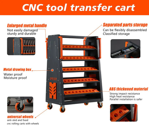 40 Taper CNC Tool Cart With Five Tier Rolling Stand And Wheels Mobile Tool Holder For CNC Lathes with labeled features