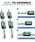 Steps showing assembly of 600mm HGR20 Linear Guide Rail Kit With 2 Rails And 4 HGH20CA Bearing Blocks for CNC motion in printers and machines.