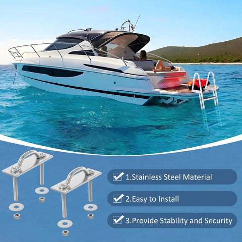 Heavy Duty Marine Dock Ladder Hardware Kit For Boats And Pontoons Slick 2 Pack Mounting Kit Compatible With AL A3 A4 A5 C4 Models showing stainless steel brackets on a boat.