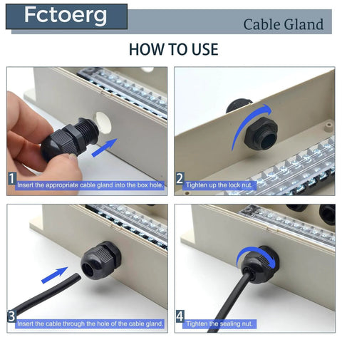 Installation steps of Waterproof Cable Glands Set In Nylon PA66 IP68 Rated Adjustable Strain-Relief Cord Grip Connector