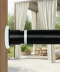 Heavy Duty Tension Curtain Rod 43 To 162 Inches No Drilling Adjustable 1.26 Inch Diameter For Large Curtains In Windows Doors Bathrooms And Outdoor Spaces Black shown installed in an outdoor pergola with curtains
