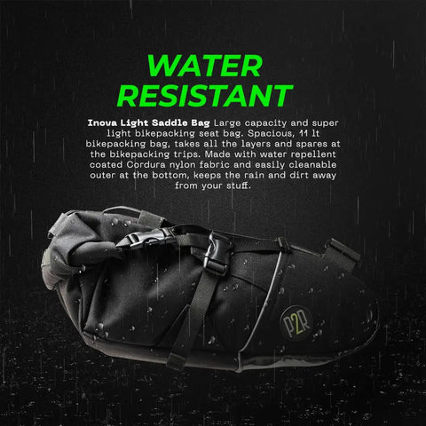 Inova Light Bike Saddle Bag Water Resistant Cordura 1000D Under Seat Storage For Bikepacking with water droplets visible