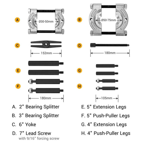 12-Piece 5-Ton Bearing Removal Tool Kit With 30-75mm Splitter And Puller Set For Wheel Hubs, Bearing Races And Differential Bearings parts diagram