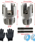 Electric Drill Compatible Pipe Threading Tool Set With 1/2 And 3/4 Inch Dies showing two steel dies, gloves, and tape.