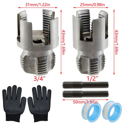 Electric Drill Compatible Pipe Threading Tool Set With 1/2 And 3/4 Inch Dies showing two steel dies, gloves, and tape.