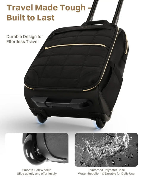 Puffer Backpack On Wheels For Women With Dual Opening Wheeled Laptop Travel Bag showing handles and smooth-roll wheels