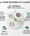 Infographic showing a marble turntable with 360-degree silent spin and sintered stone serving tray for dining tables