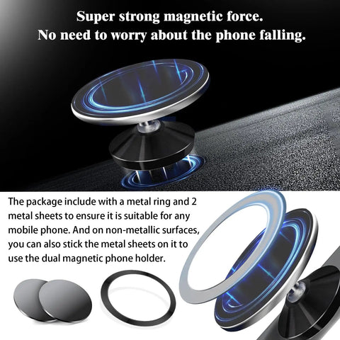 Dual Magnetic Phone Holder With 360 Degree Adjustable Mount, showing strong magnetic force with included metal rings and sheets.