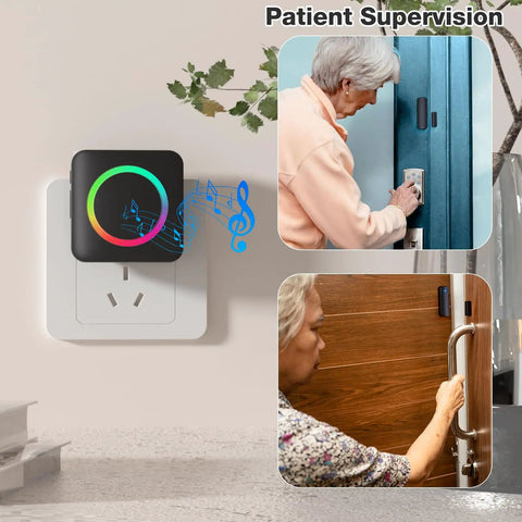 Wireless Door Chime When Doors Open For Home And Business Use, Easy Install Door Sensor Bell That Alerts When Entry Is Detected, black wall-mounted receiver with RGB ring