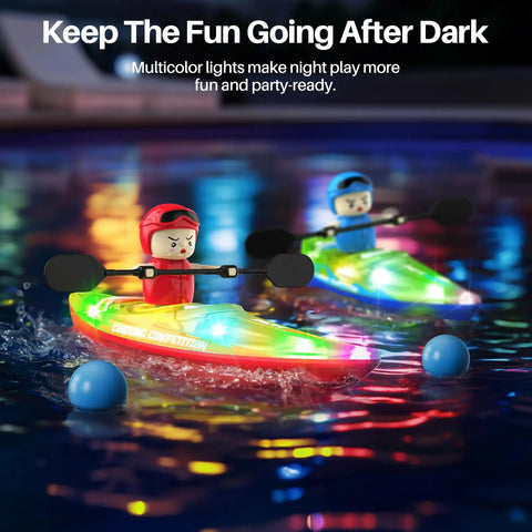 Two Pack Remote Control Boats For Kids Ages 6 To 12 With Dolphin Ball Catching Nose and LED lights in a pool at night