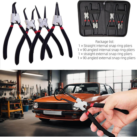 4 Piece 7 Inch Snap Ring Pliers Set With Internal And External Circlip Pliers, Straight And 90 Degree Angled Jaws in automotive workshop