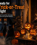 Sound Activated Halloween Fright Box With Three Glowing Led Lights And Scream Module situated near illuminated pumpkins.