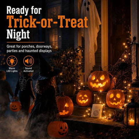 Sound Activated Halloween Fright Box With Three Glowing Led Lights And Scream Module situated near illuminated pumpkins.