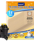 15 Pack 5-8 Gallon Vacuum Bags For Wet Dry Vacs Fit Stanley SL18115 SL18116 SL18117 SL18158 And Porter-Cable PCX18404P-6A PCX18406-5B Durable No-Fuss Disposal Keeps Vacuum Performance Strong displayed with packaging and vacuum cleaner