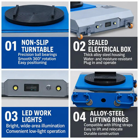 No Sweat Heavy Duty Electric Machinery Dolly With Wireless Remote Control showing non-slip turntable and sealed electrical box.