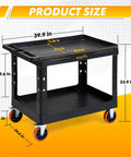 Extra Large Heavy Duty Utility Cart With Deep Shelves Two Tier Rolling Work Cart Plastic Service Cart On Six Inch Casters 550 Pound Capacity Black For Home Garage Shop, side view dimensions