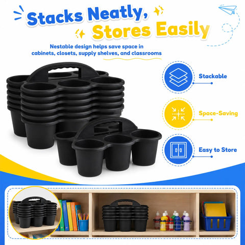 Six Pack Black Classroom Caddies with handles stacked neatly, showcasing stackable and space-saving design for desk organization.