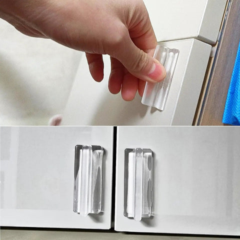 Hand holding transparent see through no drill invisible drawer pulls peel and stick hidden cabinet handles for furniture wardrobe drawers and doors