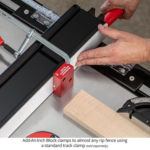 Rugged One Inch Offset Table Saw Fence Stop Featuring Slick Clamp On Design for Rapid Rip Fence Setup and Crosscuts in use on workshop table.