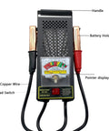Battery Load Tester For 6V And 12V Vehicles And Marine Gear, Alternator Tester With Voltmeter And Alligator Clips, Checks Battery Health, Starter Current, And Charging System Across Cars, RVs, Motorcycles, ATVs, Boats, front view with load switch and analog meter
