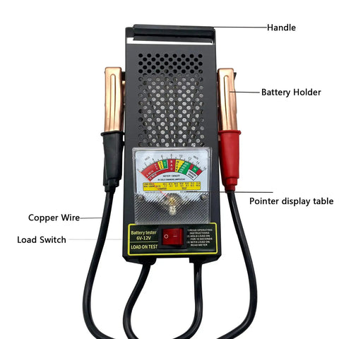 Battery Load Tester For 6V And 12V Vehicles And Marine Gear, Alternator Tester With Voltmeter And Alligator Clips, Checks Battery Health, Starter Current, And Charging System Across Cars, RVs, Motorcycles, ATVs, Boats, front view with load switch and analog meter
