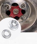 Close-up of ATV Lockin Lug Nuts Set M10x1.25 installed on wheel with separate nut and adapter detail shown