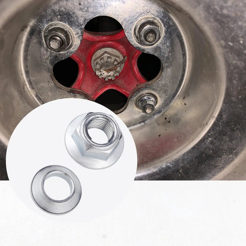 Close-up of ATV Lockin Lug Nuts Set M10x1.25 installed on wheel with separate nut and adapter detail shown