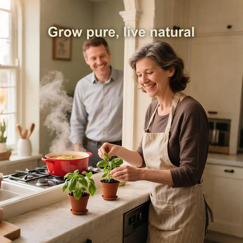 A woman trimming herbs in an indoor kitchen garden with four-color pots on a kitchen counter, while a man cooks.